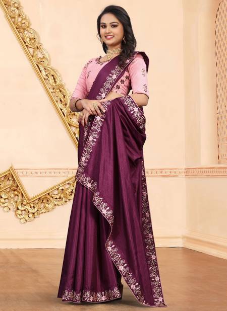 Wine Colour Stylish Designer Party Wear Silk Embroidery With Stone Work Saree Collection Svarna1006